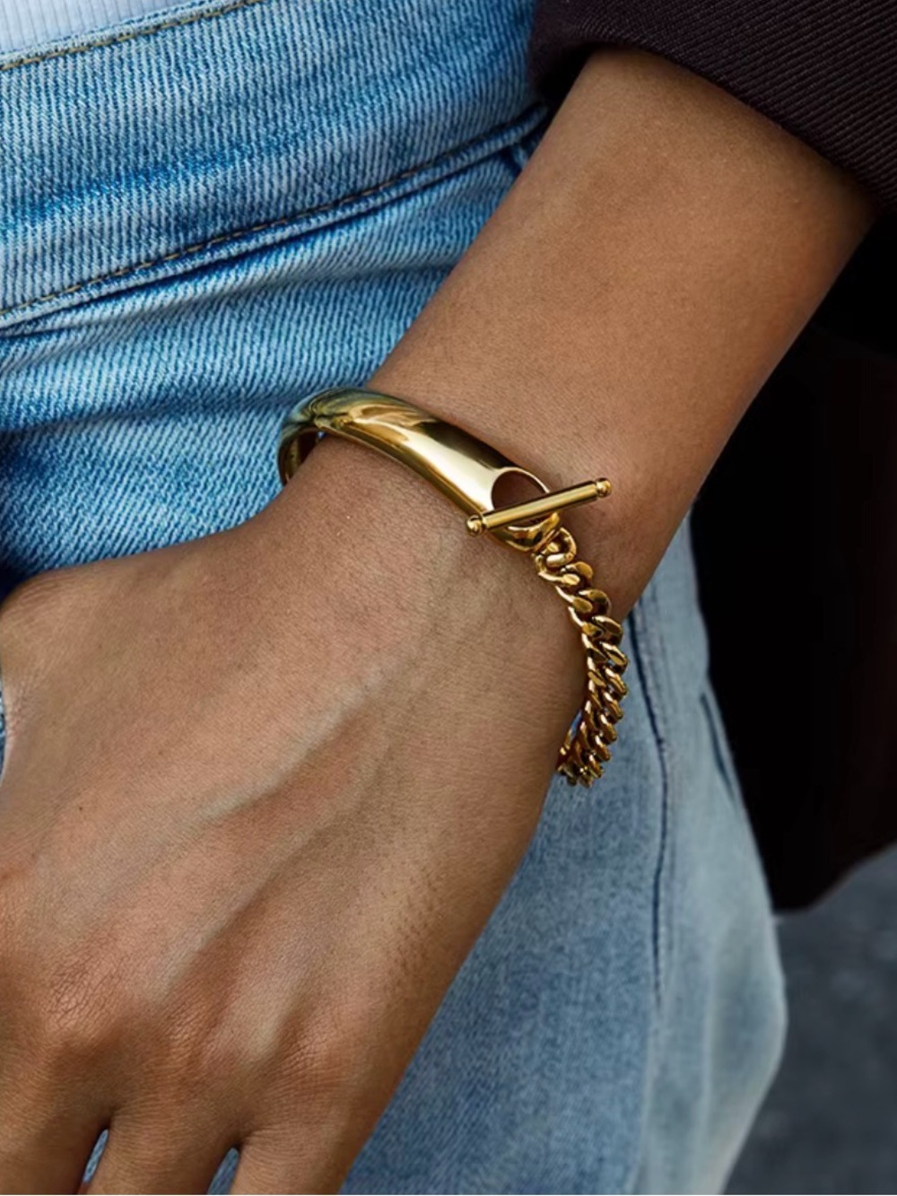 18K Gold Plated Toggle Curb Chain Bracelet Stainless Steel